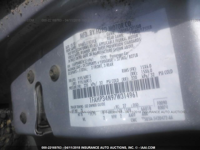 1FAHP34N97W314961 - 2007 FORD FOCUS ZX4/S/SE/SES 银色 照片 9