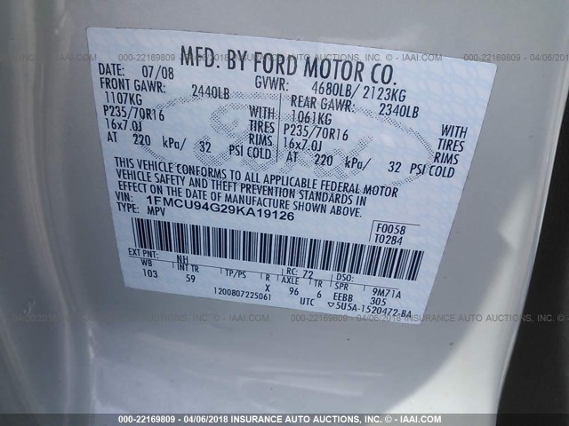 1FMCU94G29KA19126 - 2009 FORD ESCAPE LIMITED SILVER photo 9