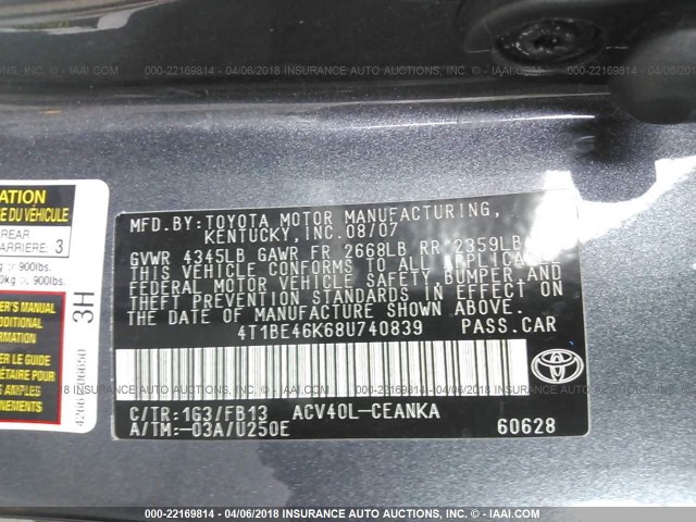 4T1BE46K68U740839 - 2008 TOYOTA CAMRY CE/LE/XLE/SE GRAY photo 9