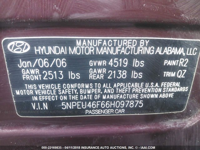 5NPEU46F66H097875 - 2006 HYUNDAI SONATA GLS/LX BURGUNDY photo 9