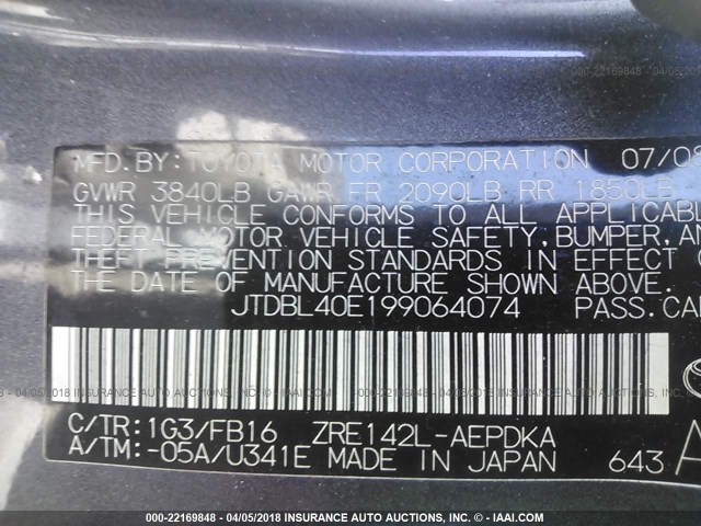 JTDBL40E199064074 - 2009 TOYOTA COROLLA LE/XLE GRAY photo 9