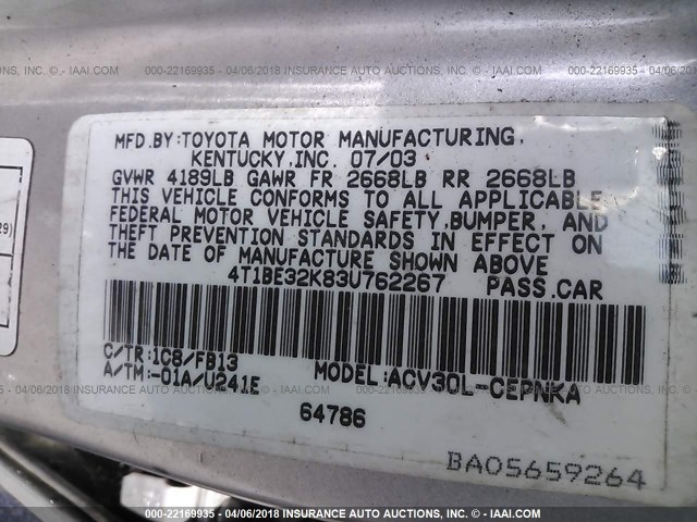 4T1BE32K83U762267 - 2003 TOYOTA CAMRY LE/XLE/SE SILVER photo 9
