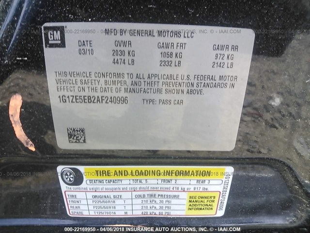 1G1ZE5EB2AF240996 - 2010 CHEVROLET MALIBU LTZ Qara foto 9