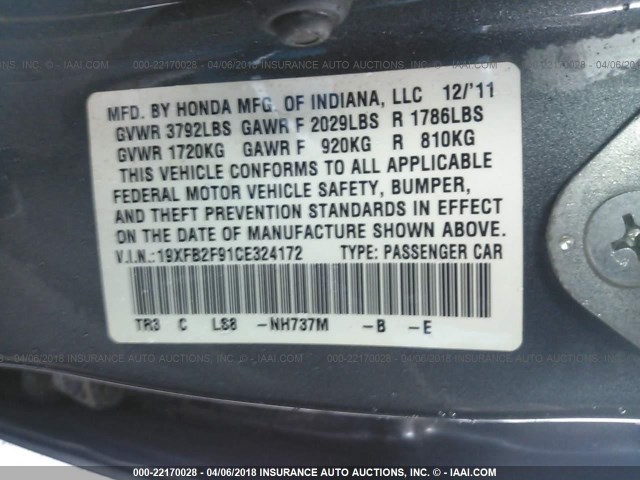 19XFB2F91CE324172 - 2012 HONDA CIVIC EXL GRAY photo 9