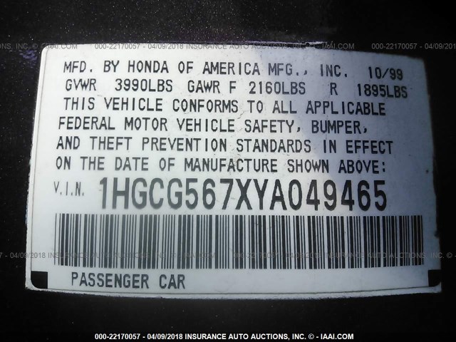 1HGCG567XYA049465 - 2000 HONDA ACCORD SE PURPLE photo 9