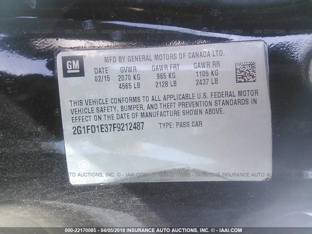 2G1FD1E37F9212487 - 2015 CHEVROLET CAMARO LT BLACK photo 9