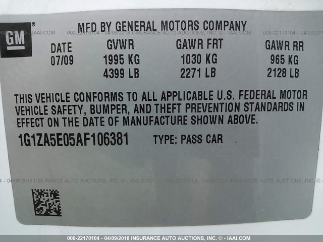 1G1ZA5E05AF106381 - 2010 CHEVROLET MALIBU LS თეთრი ფოტო 9