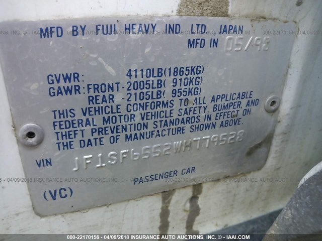 JF1SF6552WH779528 - 1998 SUBARU FORESTER S WHITE photo 9