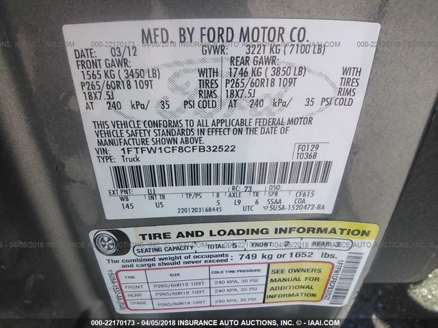 1FTFW1CF8CFB32522 - 2012 FORD F150 SUPERCREW GRAY photo 9