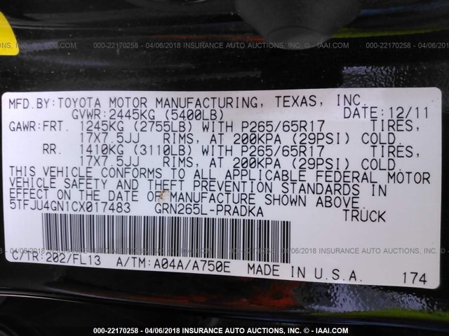 5TFJU4GN1CX017483 - 2012 TOYOTA TACOMA DOUBLE CAB PRERUNNER BLACK photo 9