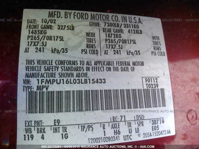 1FMPU16L03LB15433 - 2003 FORD EXPEDITION XLT Qırmızı foto 9