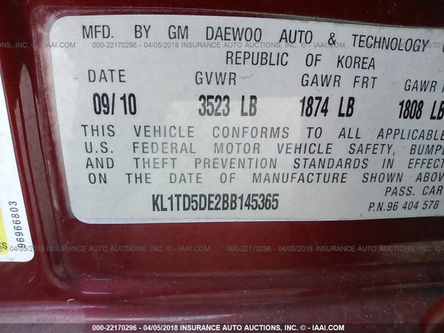 KL1TD5DE2BB145365 - 2011 CHEVROLET AVEO LS/LT 红色 照片 9