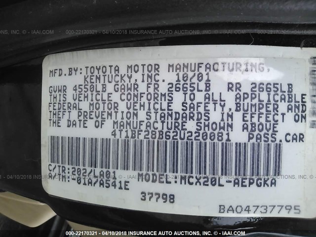 4T1BF28B62U220081 - 2002 TOYOTA AVALON XL/XLS BLACK photo 9