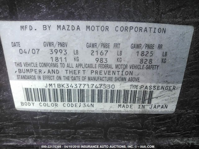 JM1BK343771747530 - 2007 MAZDA 3 HATCHBACK PURPLE photo 9