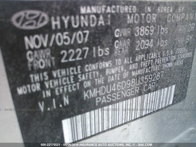 KMHDU46D98U359287 - 2008 HYUNDAI ELANTRA GLS/SE/LIMITED SILVER photo 9