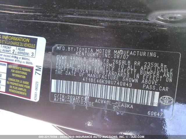 4T1BE46K98U740849 - 2008 TOYOTA CAMRY CE/LE/XLE/SE BLACK photo 9
