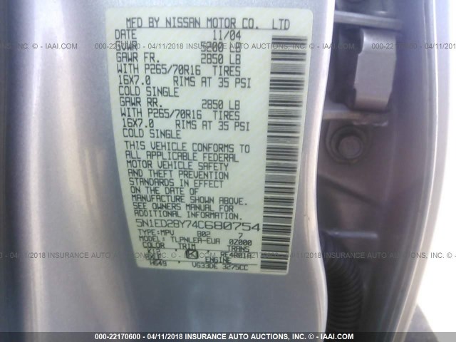 5N1ED28Y74C680754 - 2004 NISSAN XTERRA XE/SE SILVER photo 9