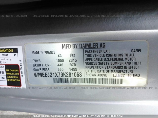 WMEEJ31X79K281068 - 2009 SMART FORTWO PURE/PASSION SILVER photo 9