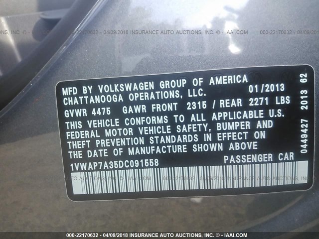 1VWAP7A35DC091558 - 2013 VOLKSWAGEN PASSAT S GRAY photo 9