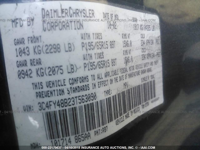 3C4FY48B23T563090 - 2003 CHRYSLER PT CRUISER CLASSIC 蓝色 照片 9