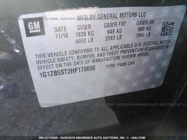 1G1ZB5ST2HF179696 - 2017 CHEVROLET MALIBU LS 灰色 照片 9