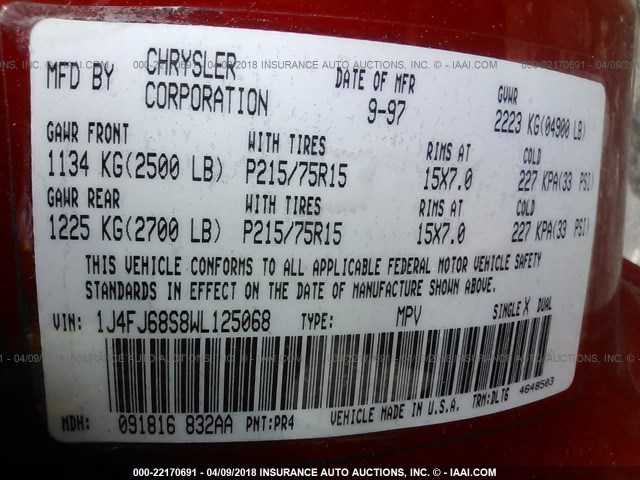 1J4FJ68S8WL125068 - 1998 JEEP CHEROKEE SPORT/CLASSIC წითელი ფოტო 9