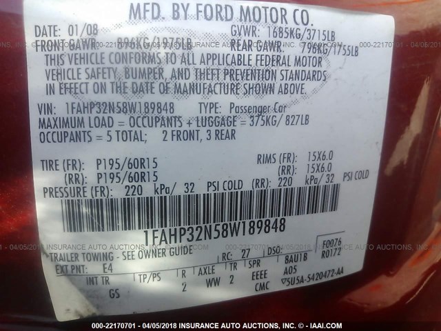 1FAHP32N58W189848 - 2008 FORD FOCUS S/SE RED photo 9