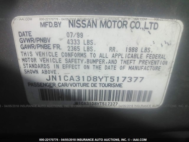 JN1CA31D8YT517377 - 2000 NISSAN MAXIMA GLE/GXE/SE SILVER photo 9