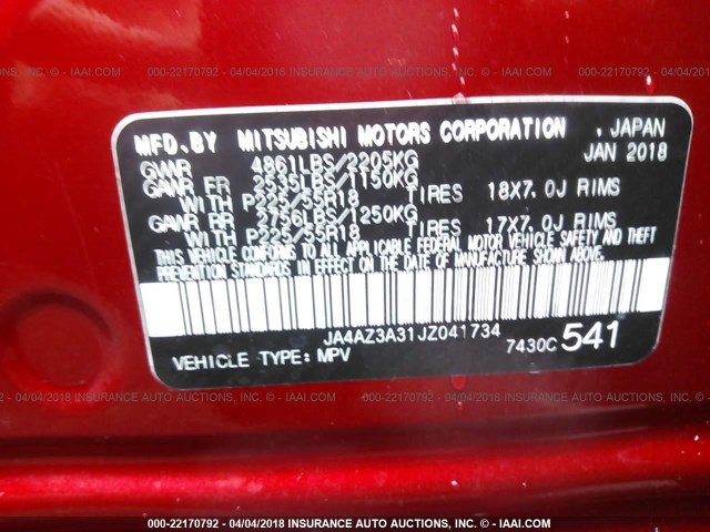 JA4AZ3A31JZ041734 - 2018 MITSUBISHI OUTLANDER SE/SEL RED photo 9