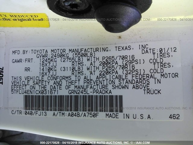 5TFLU4EN1CX031671 - 2012 TOYOTA TACOMA DOUBLE CAB თეთრი ფოტო 9