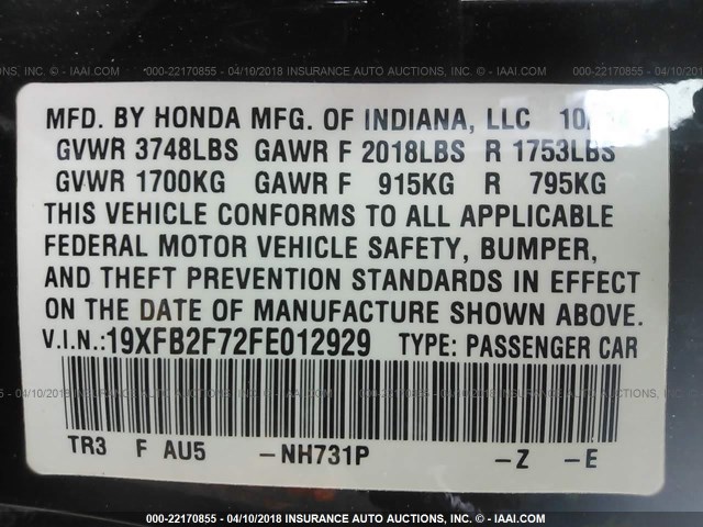 19XFB2F72FE012929 - 2015 HONDA CIVIC SE BLACK photo 9