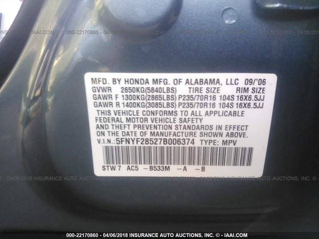 5FNYF28527B006374 - 2007 HONDA PILOT EXL BLUE photo 9