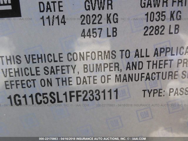 1G11C5SL1FF233111 - 2015 CHEVROLET MALIBU 1LT BLACK photo 9