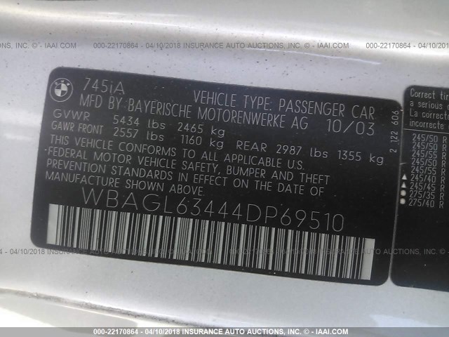 WBAGL63444DP69510 - 2004 BMW 745 I SILVER photo 9