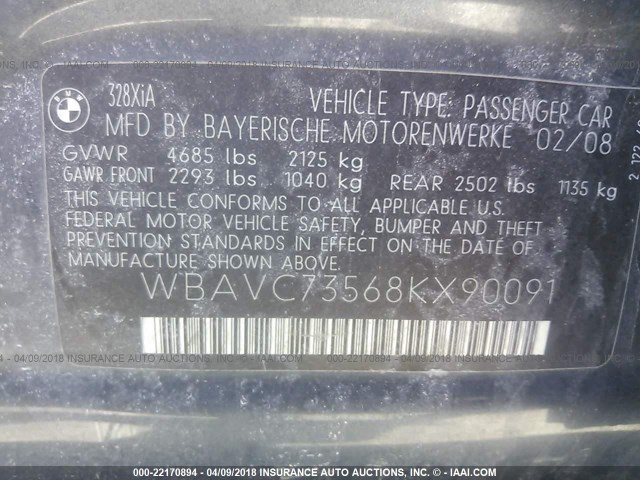 WBAVC73568KX90091 - 2008 BMW 328 XI SULEV GRAY photo 9