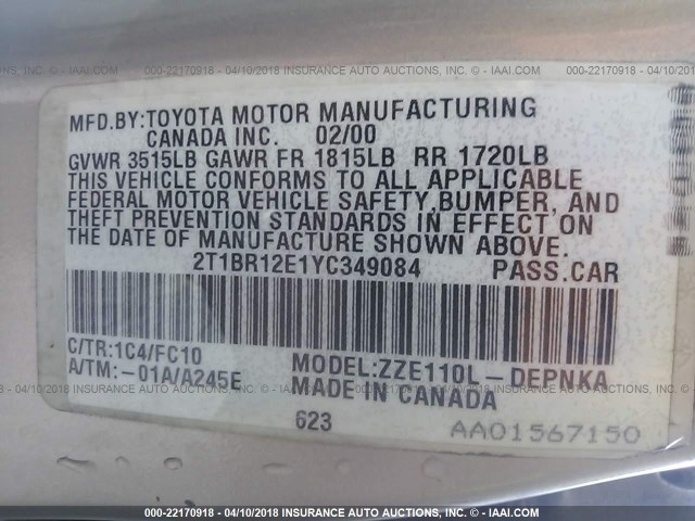 2T1BR12E1YC349084 - 2000 TOYOTA COROLLA VE/CE/LE 灰色 照片 9