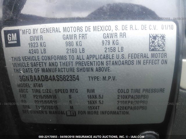 3GNBAADB4AS582354 - 2010 CHEVROLET HHR LS BLACK photo 9