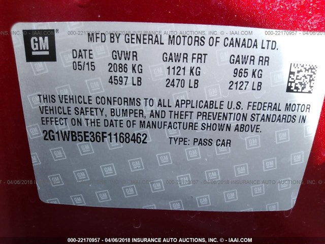 2G1WB5E36F1168462 - 2015 CHEVROLET IMPALA LIMITED LT RED photo 9