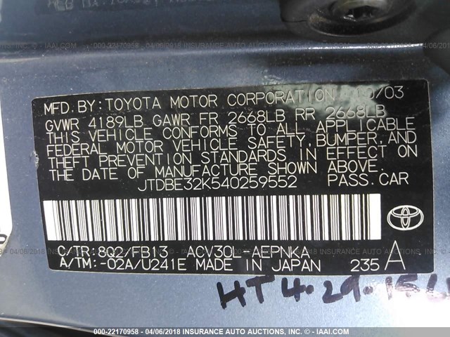 JTDBE32K540259552 - 2004 TOYOTA CAMRY LE/XLE Blau Foto 9