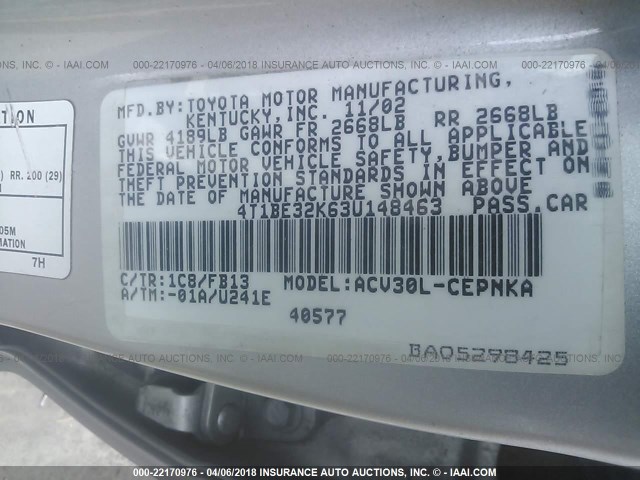 4T1BE32K63U148463 - 2003 TOYOTA CAMRY LE/XLE/SE 银色 照片 9