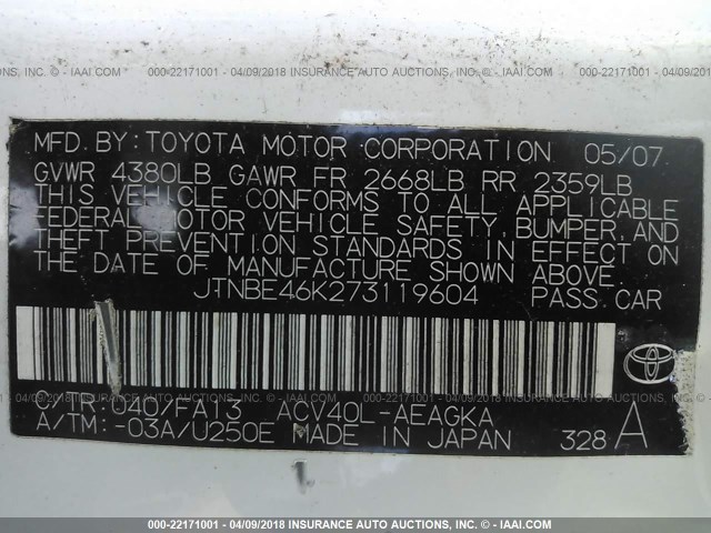 JTNBE46K273119604 - 2007 TOYOTA CAMRY NEW GENERATION CE/LE/XLE/SE WHITE photo 9