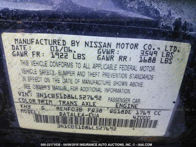 3N1CB51D86L527692 - 2006 NISSAN SENTRA 1.8/1.8S BLACK photo 9