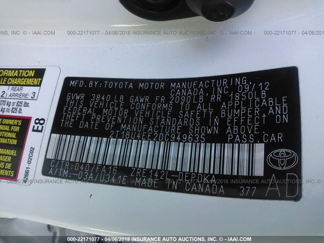 2T1BU4EE2DC949635 - 2013 TOYOTA COROLLA S/LE WHITE photo 9