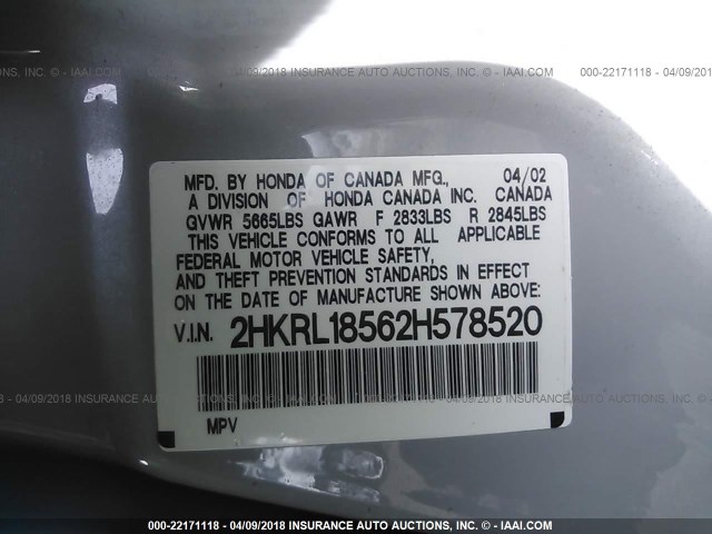 2HKRL18562H578520 - 2002 HONDA ODYSSEY LX SILVER photo 9