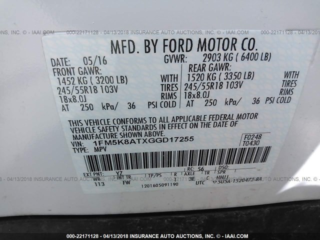 1FM5K8ATXGGD17255 - 2016 FORD EXPLORER POLICE INTERCEPTOR WHITE photo 9