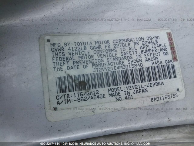 JT2VV21E4M3015840 - 1991 TOYOTA CAMRY DLX SILVER photo 9