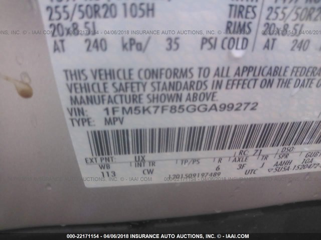 1FM5K7F85GGA99272 - 2016 FORD EXPLORER LIMITED 银色 照片 9