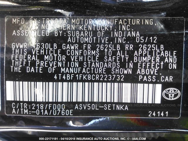 4T4BF1FK8CR223732 - 2012 TOYOTA CAMRY SE/LE/XLE BLACK photo 9