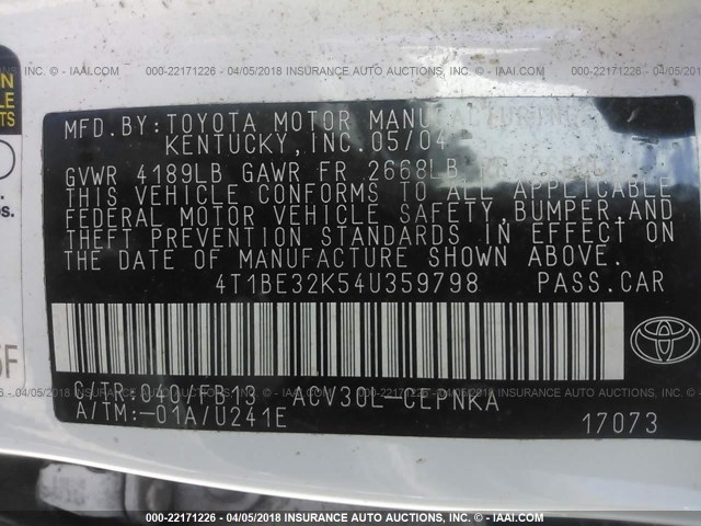 4T1BE32K54U359798 - 2004 TOYOTA CAMRY LE/XLE/SE 白色 照片 9