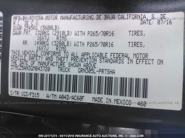 3TMCZ5AN3GM043720 - 2016 TOYOTA TACOMA DBL CAB/SR/SR5/TRD SPT/OR GRAY photo 9